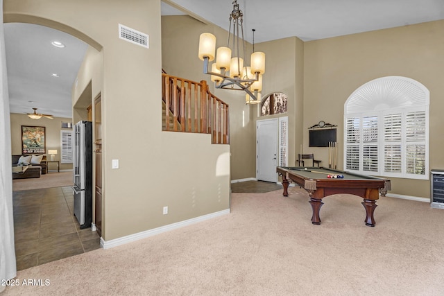 3859 N El Sereno St, Mesa, AZ 85207 - rec room featuring carpet flooring, billiards, baseboards, arched walkways, and recessed lighting