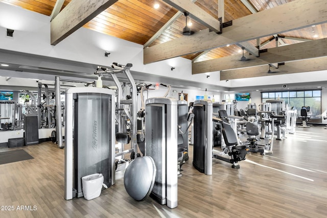 3859 N El Sereno St, Mesa, AZ 85207 - exercise room with wooden ceiling with exposed beams, wood finished floors, and high vaulted ceiling