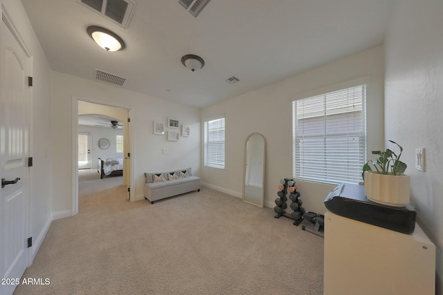 living area featuring light colored carpet, a healthy amount of sunlight, and visible vents