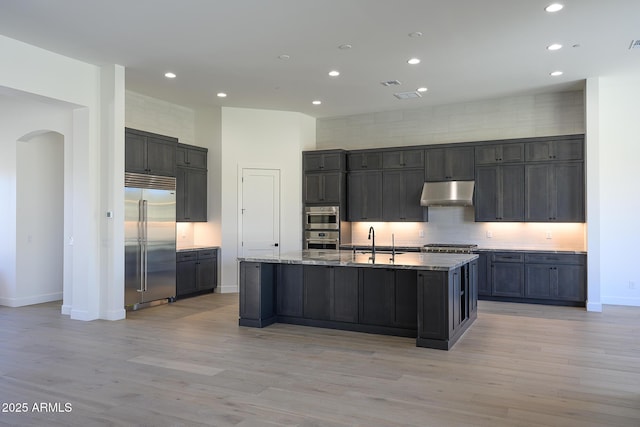 kitchen featuring light wood-type flooring, under cabinet range hood, a sink, stainless steel appliances, and arched walkways