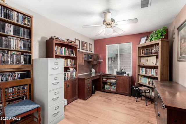 office space featuring visible vents, light wood-style floors, and ceiling fan