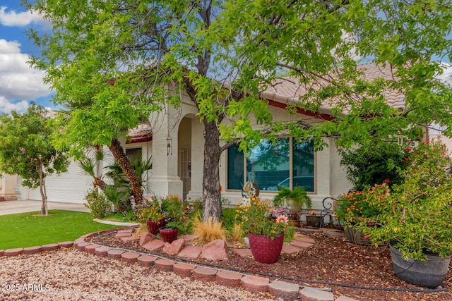 view of front facade featuring concrete driveway, an attached garage, and stucco siding