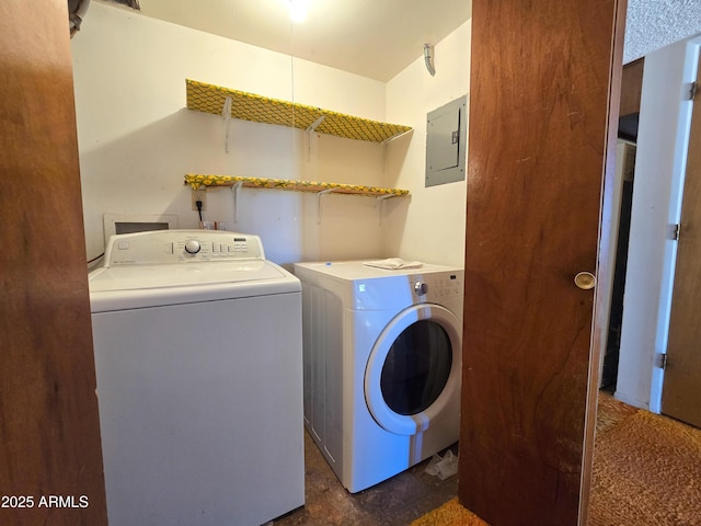 laundry room with electric panel and washing machine and dryer