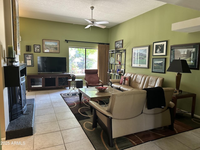 4856 E Cheryl Dr, Paradise Valley, AZ 85253 - living room with tile patterned floors, ceiling fan, and a textured ceiling