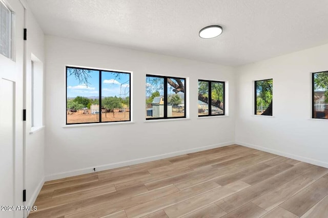 unfurnished room featuring a textured ceiling, light wood-type flooring, and a healthy amount of sunlight