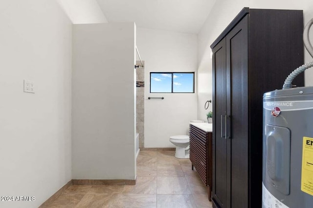 bathroom with walk in shower, water heater, vanity, and toilet