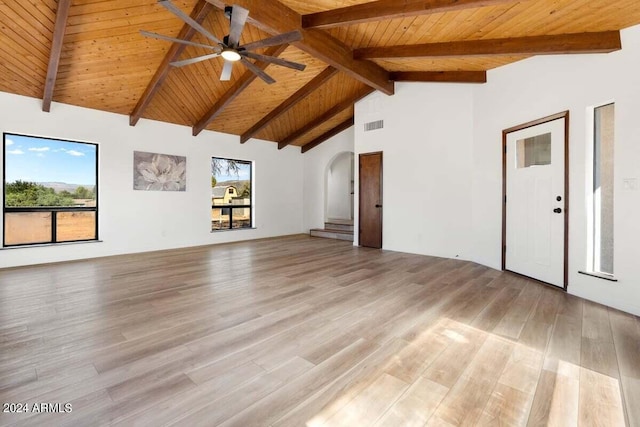 unfurnished living room featuring light wood-type flooring, beam ceiling, and wood ceiling