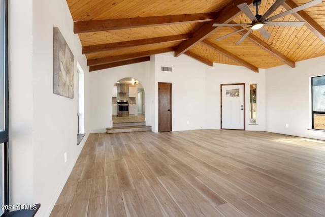 unfurnished living room featuring light wood-type flooring, beamed ceiling, ceiling fan, and high vaulted ceiling