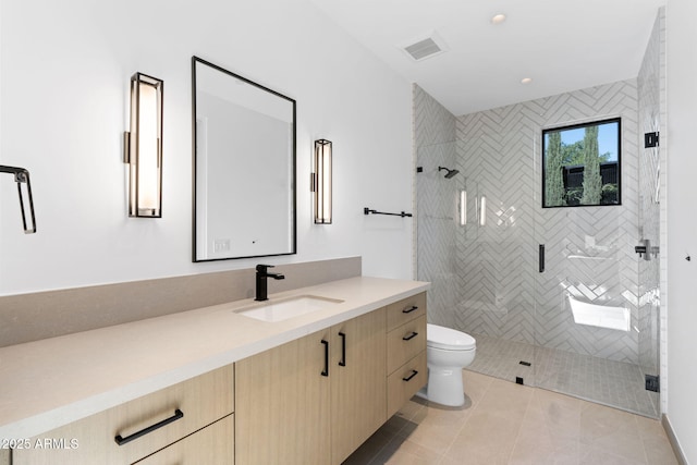 7341 E Sunnyside Dr, Scottsdale, AZ 85260 - full bath with toilet, vanity, a shower stall, tile patterned floors, and recessed lighting