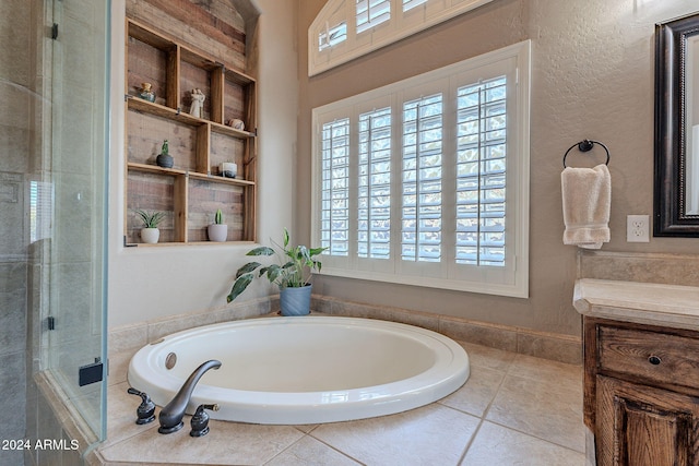 bathroom with vanity and plus walk in shower