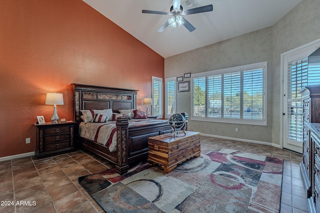 bedroom with ceiling fan, access to exterior, and high vaulted ceiling