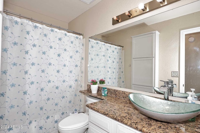 bathroom featuring vanity, toilet, and a shower with shower curtain