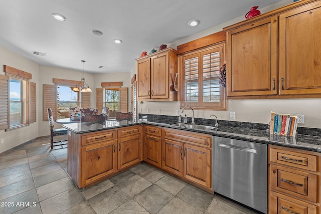 kitchen featuring a sink, stainless steel dishwasher, and brown cabinetry