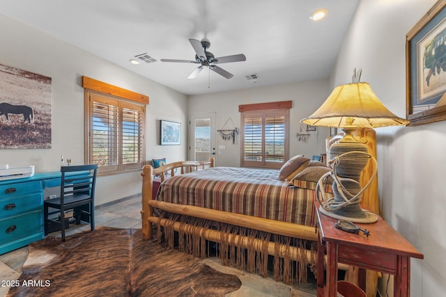 bedroom with recessed lighting, visible vents, and multiple windows