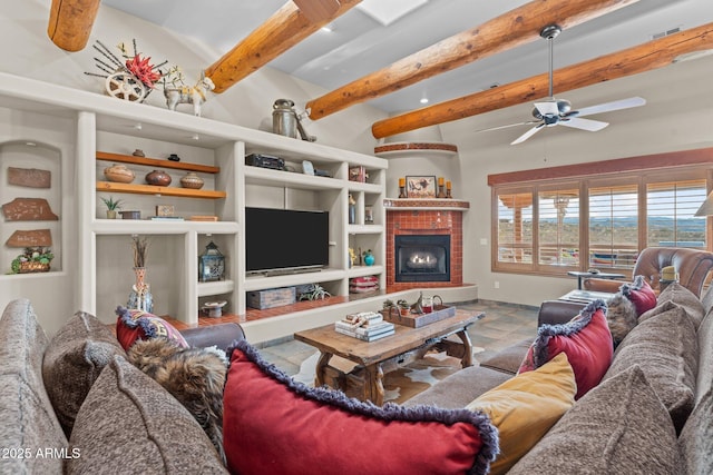 tiled living room featuring built in features, visible vents, beam ceiling, ceiling fan, and a brick fireplace