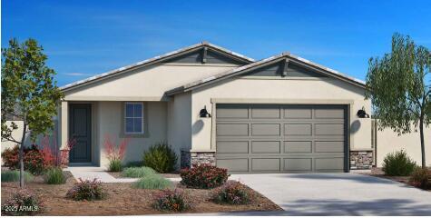 ranch-style house with an attached garage, stone siding, driveway, and stucco siding