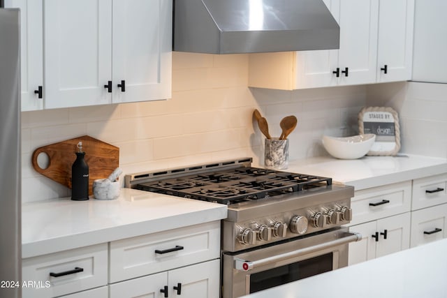 kitchen featuring decorative backsplash, ventilation hood, white cabinetry, and stainless steel appliances