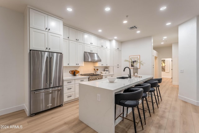 kitchen featuring light wood-type flooring, white cabinetry, a kitchen island with sink, and appliances with stainless steel finishes