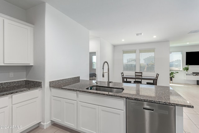 kitchen featuring white cabinetry, sink, stainless steel dishwasher, kitchen peninsula, and dark stone counters