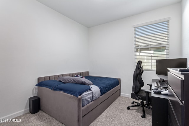 bedroom with light colored carpet