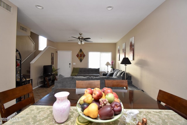 dining space with tile patterned floors, ceiling fan, recessed lighting, and visible vents