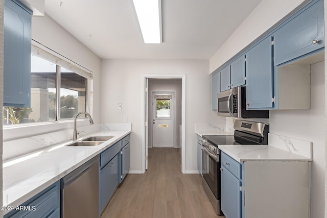 kitchen featuring blue cabinets, sink, stainless steel appliances, and light hardwood / wood-style floors