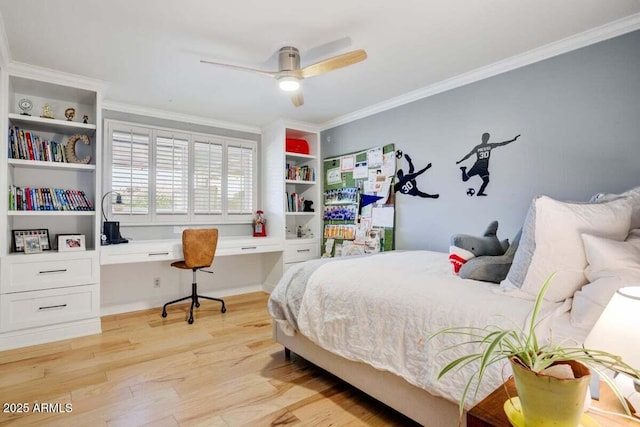 1831 E Rovey Ave, Phoenix, AZ 85016 - bedroom featuring light wood-style floors, a desk, ornamental molding, a ceiling fan, and baseboards