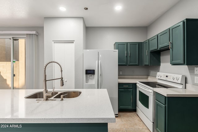 kitchen featuring green cabinets, white appliances, sink, and light tile patterned floors