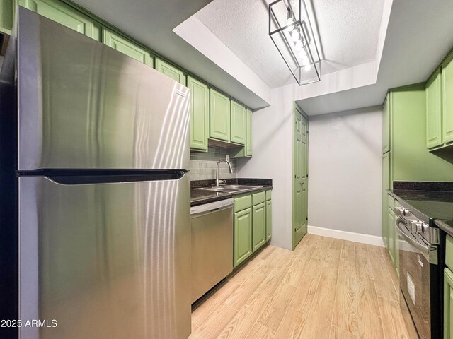 3825 E Camelback Rd Unit 182, Phoenix, AZ 85018 - kitchen with stainless steel appliances, green cabinets, light wood-style floors, dark countertops, and backsplash