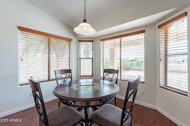 dining room with vaulted ceiling and dark wood-type flooring