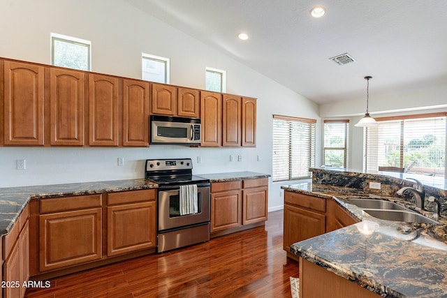 kitchen featuring dark wood-type flooring, sink, high vaulted ceiling, pendant lighting, and stainless steel appliances