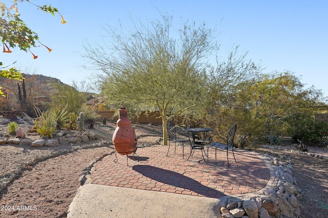 view of yard with a mountain view and a patio area