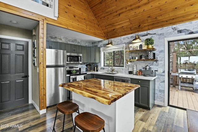 kitchen with light hardwood / wood-style floors, butcher block countertops, gray cabinetry, appliances with stainless steel finishes, and sink