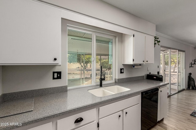 kitchen featuring white cabinetry, sink, ornamental molding, and dishwasher