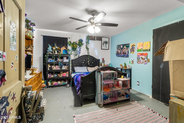 bedroom featuring concrete flooring and a ceiling fan