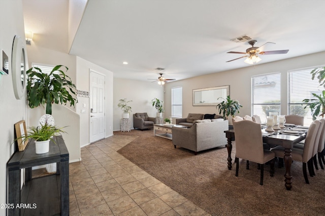 dining area featuring baseboards, recessed lighting, light tile patterned floors, a ceiling fan, and visible vents