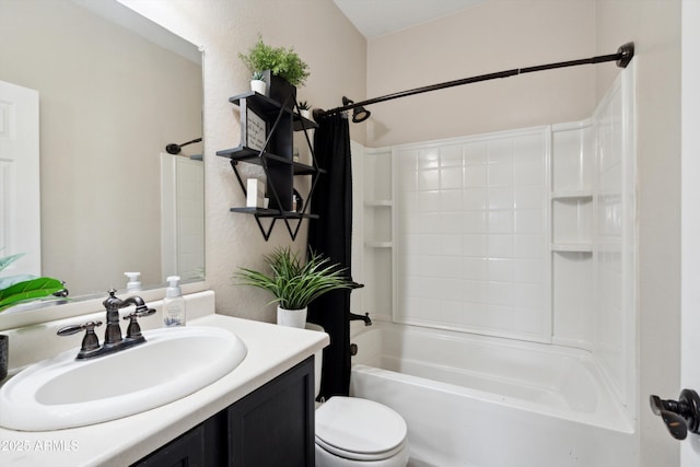 full bathroom featuring toilet, vanity, and shower / bath combination with curtain