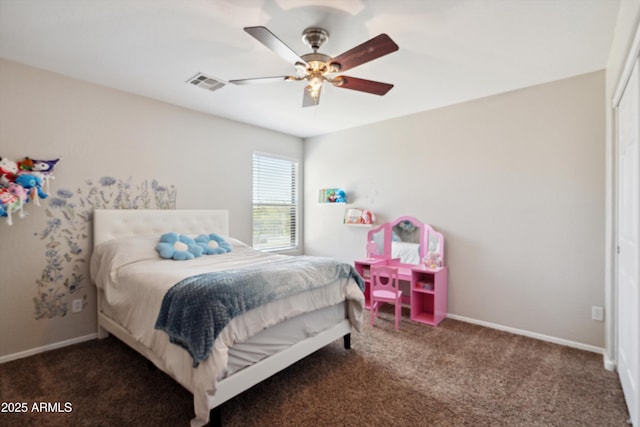 bedroom with carpet, visible vents, baseboards, and a ceiling fan