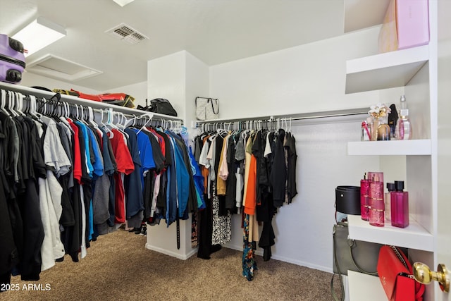 walk in closet featuring attic access, visible vents, and carpet floors