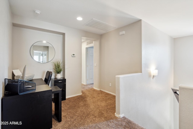 home office with carpet flooring, baseboards, visible vents, and recessed lighting