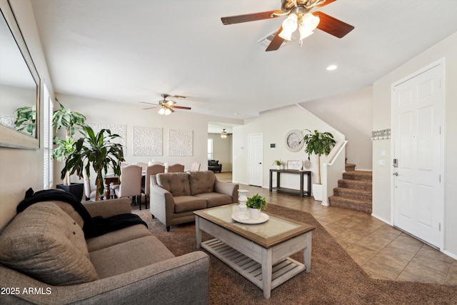 tiled living room featuring recessed lighting, stairway, visible vents, and a ceiling fan