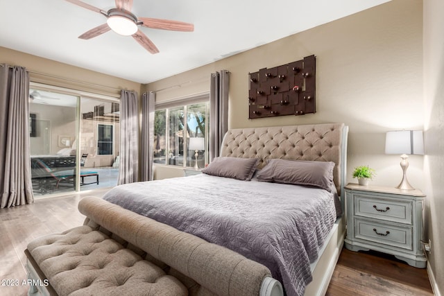 bedroom featuring hardwood / wood-style floors, access to outside, and ceiling fan