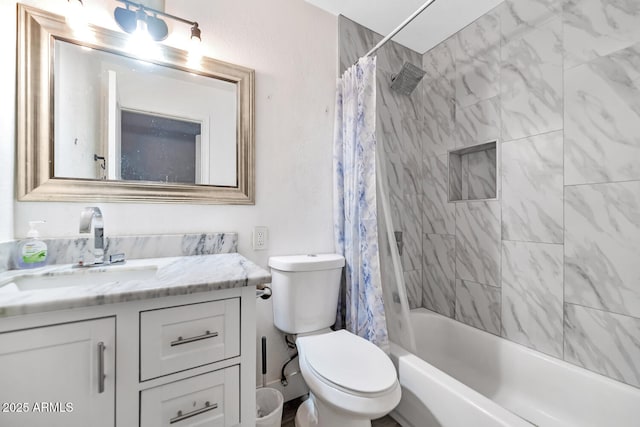 full bath featuring vanity, toilet, and shower / tub combo