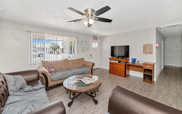 living area with ceiling fan, light wood-style flooring, a textured ceiling, and visible vents