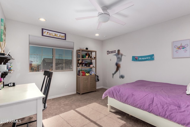 bedroom featuring light carpet and ceiling fan