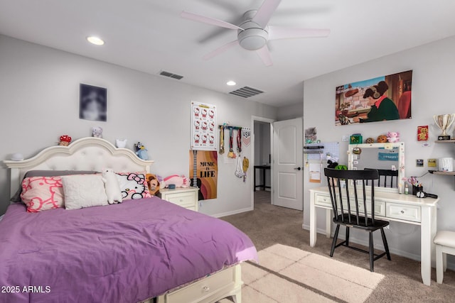 carpeted bedroom with ceiling fan