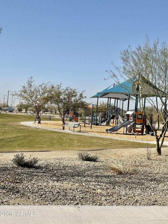 view of jungle gym with a yard