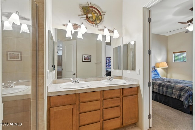 5370 S Desert Dawn Dr Unit 56, Gold Canyon, AZ 85118 - ensuite bathroom with double vanity, ceiling fan, and a stall shower