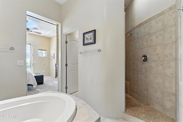 5370 S Desert Dawn Dr Unit 56, Gold Canyon, AZ 85118 - bathroom featuring tiled shower, ensuite bath, and ceiling fan