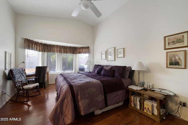 bedroom with high vaulted ceiling, ceiling fan, and wood finished floors